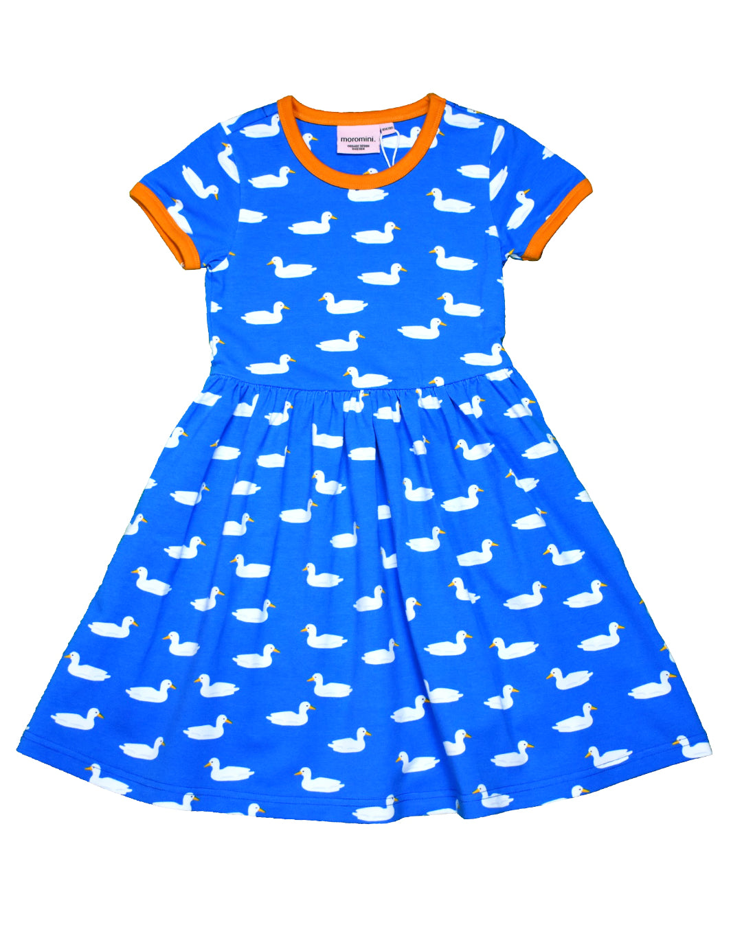 kurzes Kleid in Blau mit weißen Enten aus Biobaumwolle von moromini