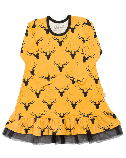 Gelbes Kleid mit schwarzem Hirschgeweih Print und Tüll für Kinder aus Biobaumwolle