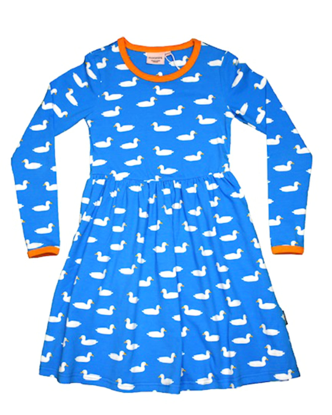Langarm Kleid von moromini in Blau mit weißen Enten aus Biobaumwolle