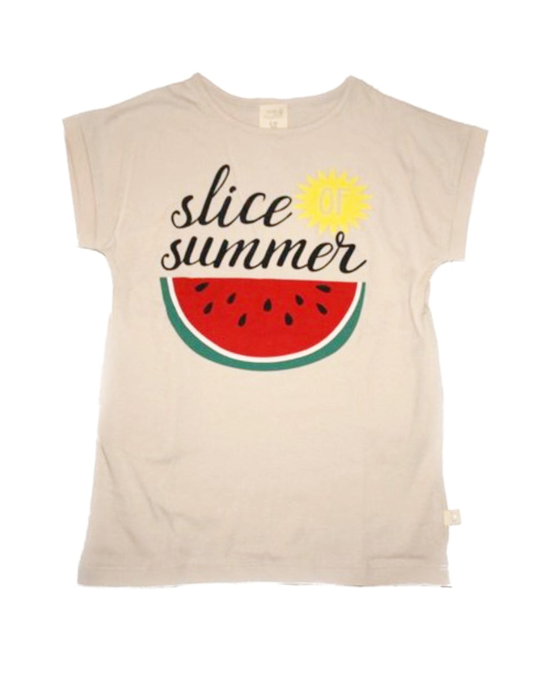 Kleid in Beige mit Melone und Schrift slice summer aus Biobaumwolle
