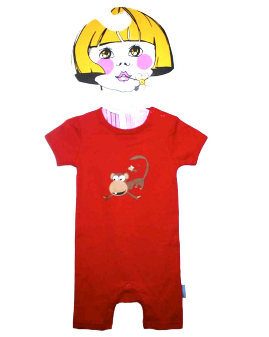 Roter KurzOverall mit braunem Affen