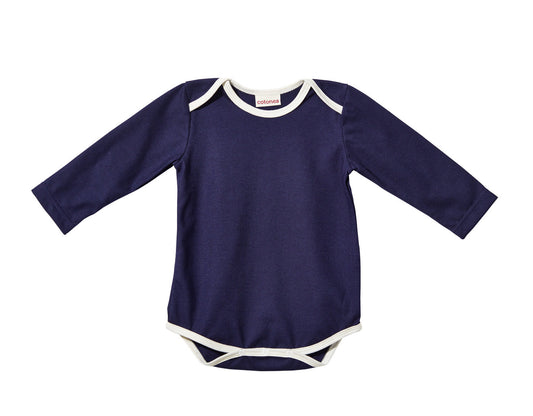 Babybody mit langen Arm marine mit naturfarbenen Paspeln am Schlupf-Ausschnitt und Beinen