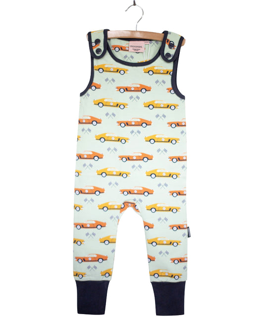 Strampler Hose in grün mit 70iger Jahre RennAutos in Senf & orange aus Bio Baumwolle von moromini