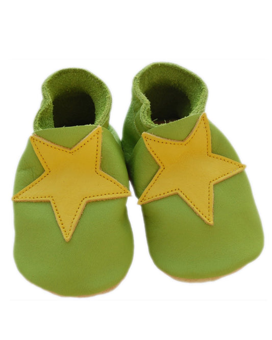 Hellgrüne Krabbelschuhe mit Stern in Gelb aus Bioleder