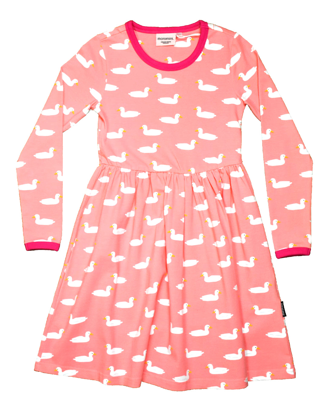 Rosa Kleid für Kinder mit weißen Enten aus Biobaumwolle von moromini
