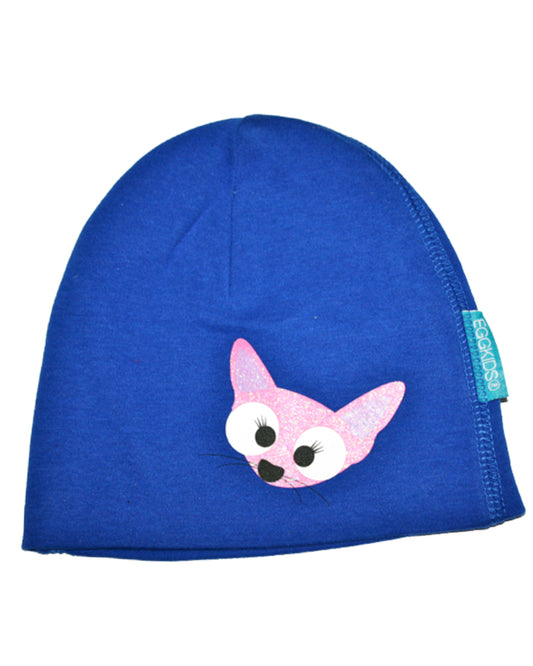 Blaue Babymütze mit rosa Fuchs aus Baumwolle