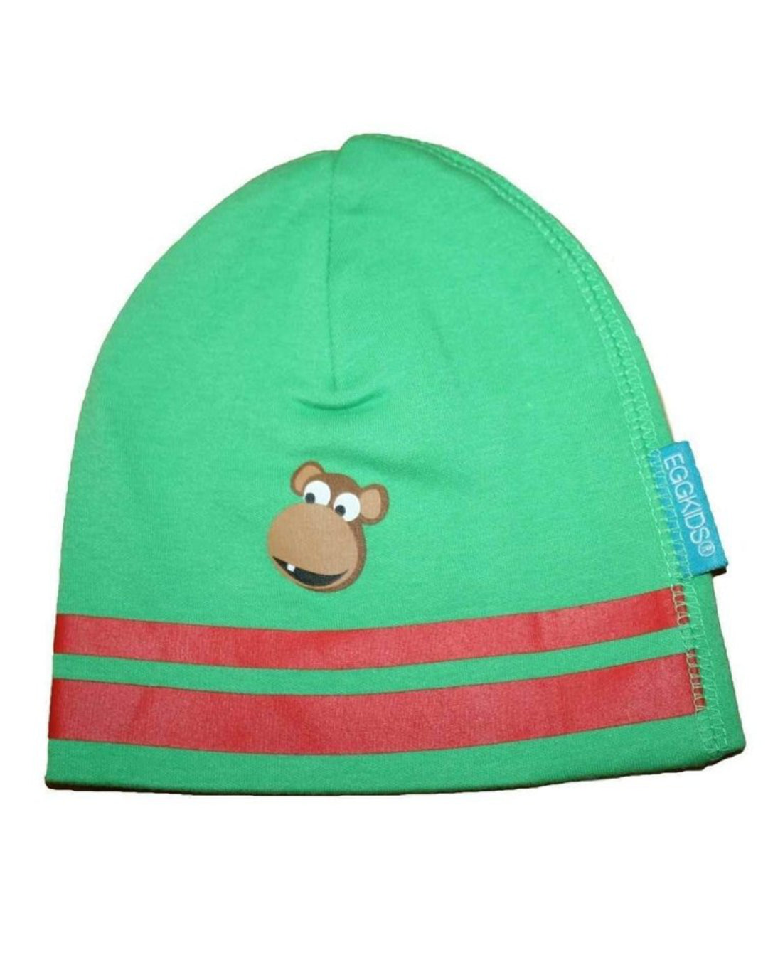 Grüne Babymütze mit zwei roten Streifen am Rand und kleinem braunem Affenkopf