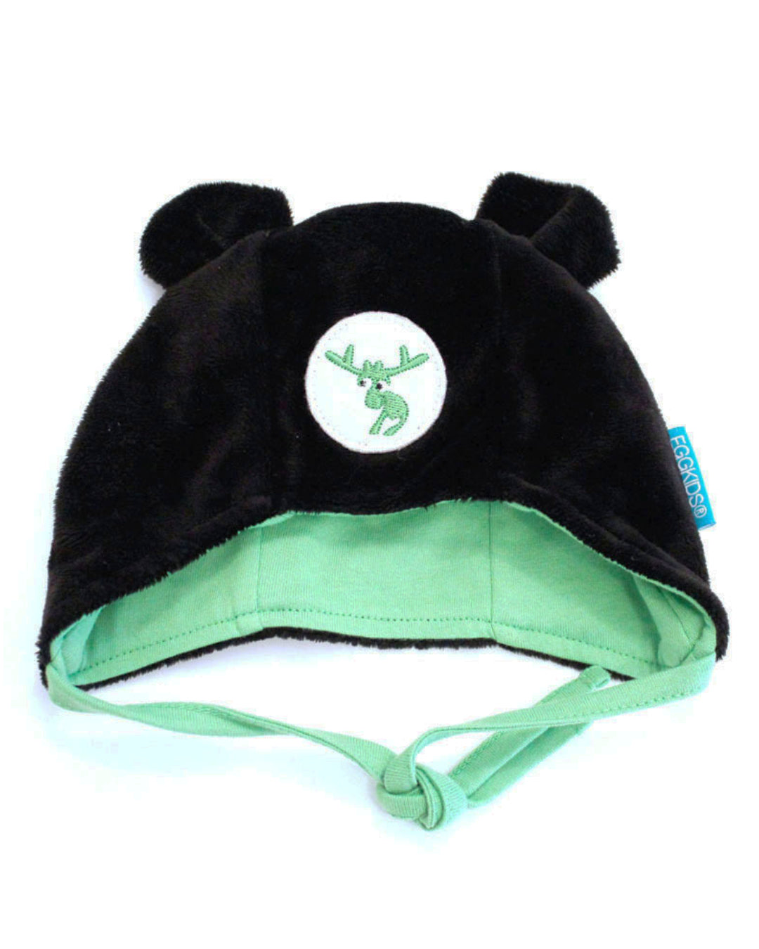 Schwarze Babymütze mit Ohren und grünem Elch Emblem