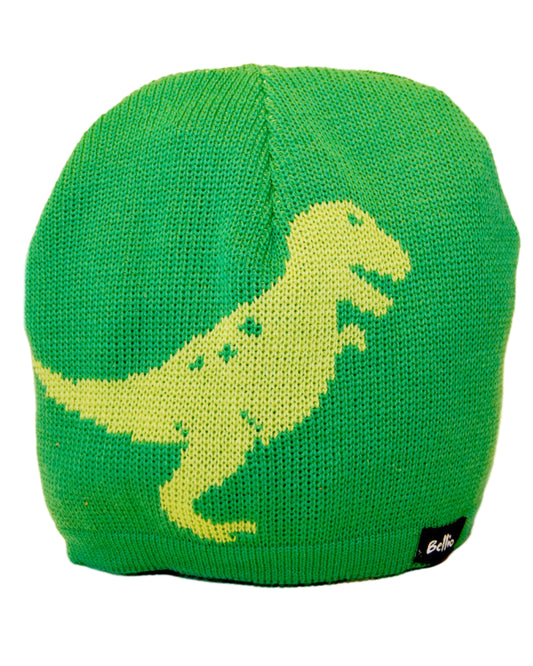 Grüne Strickmütze aus Biowolle mit T-Rex