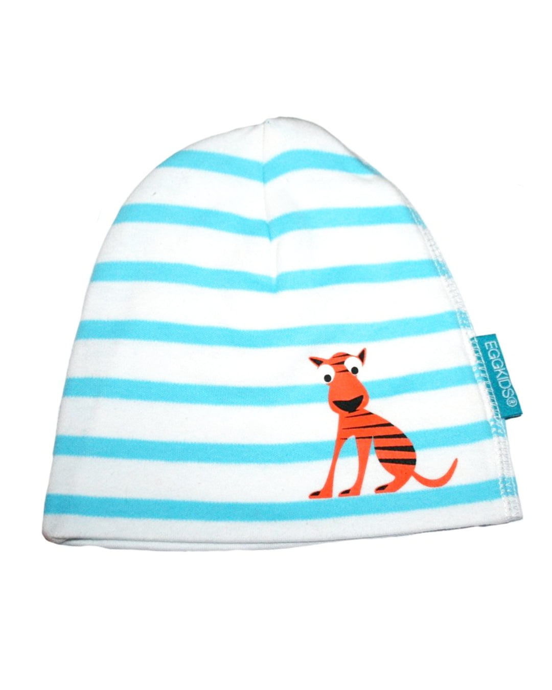 Weiße Babymütze aus Baumwolle mit hellblauen Streifen und Tiger in orange