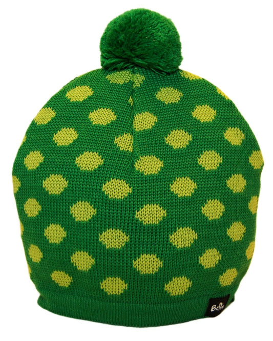 Grüne Bommelmütze mit hellgrünen Punkten