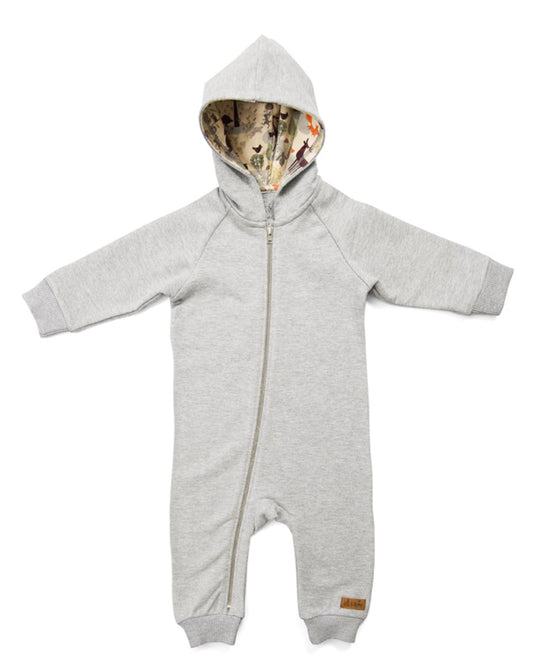 grauer Overall aus Sweatstoff mit Waldtieren Futter aus Biobaumwolle