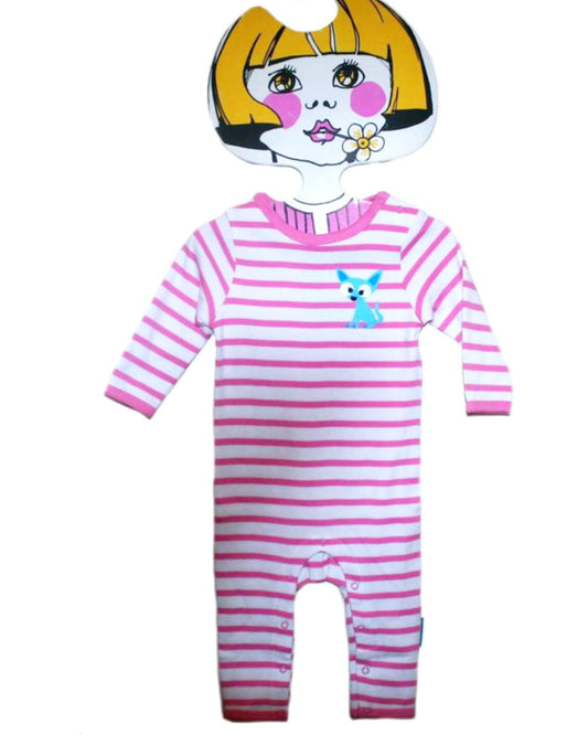 Rosa/weißer Overall mit hellblauem Fuchs