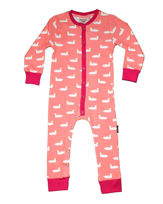 Schlaf Overall in rosa mit weißen Enten für Kinder aus Biobaumwolle von moromini
