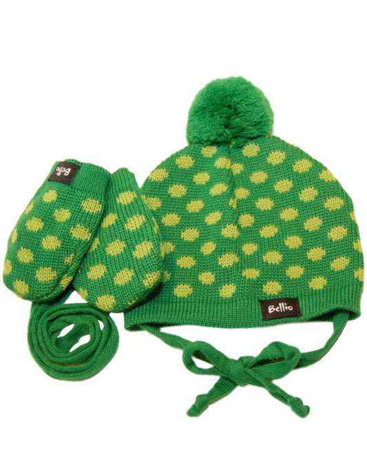 Bommelmütze und Handschuhe im Set für Babys in grün mit Punkten aus Biowolle