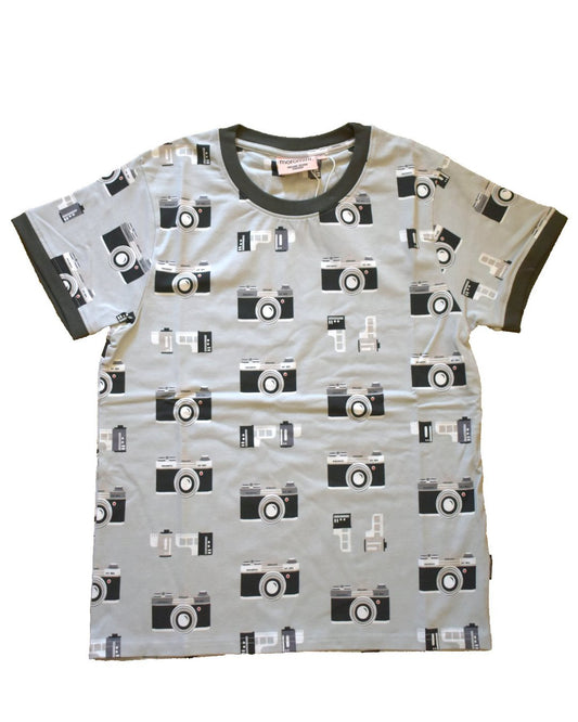 T-Shirt für Herren in grau mit Fotoapparaten im Retro Stil aus Biobaumwolle von moromini