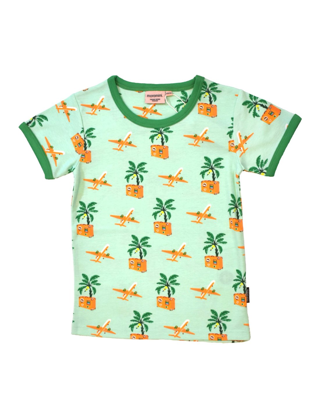 Grünes T-Shirt mit Koffern und Flugzeugen und Palmen aus Biobaumwolle von moromini