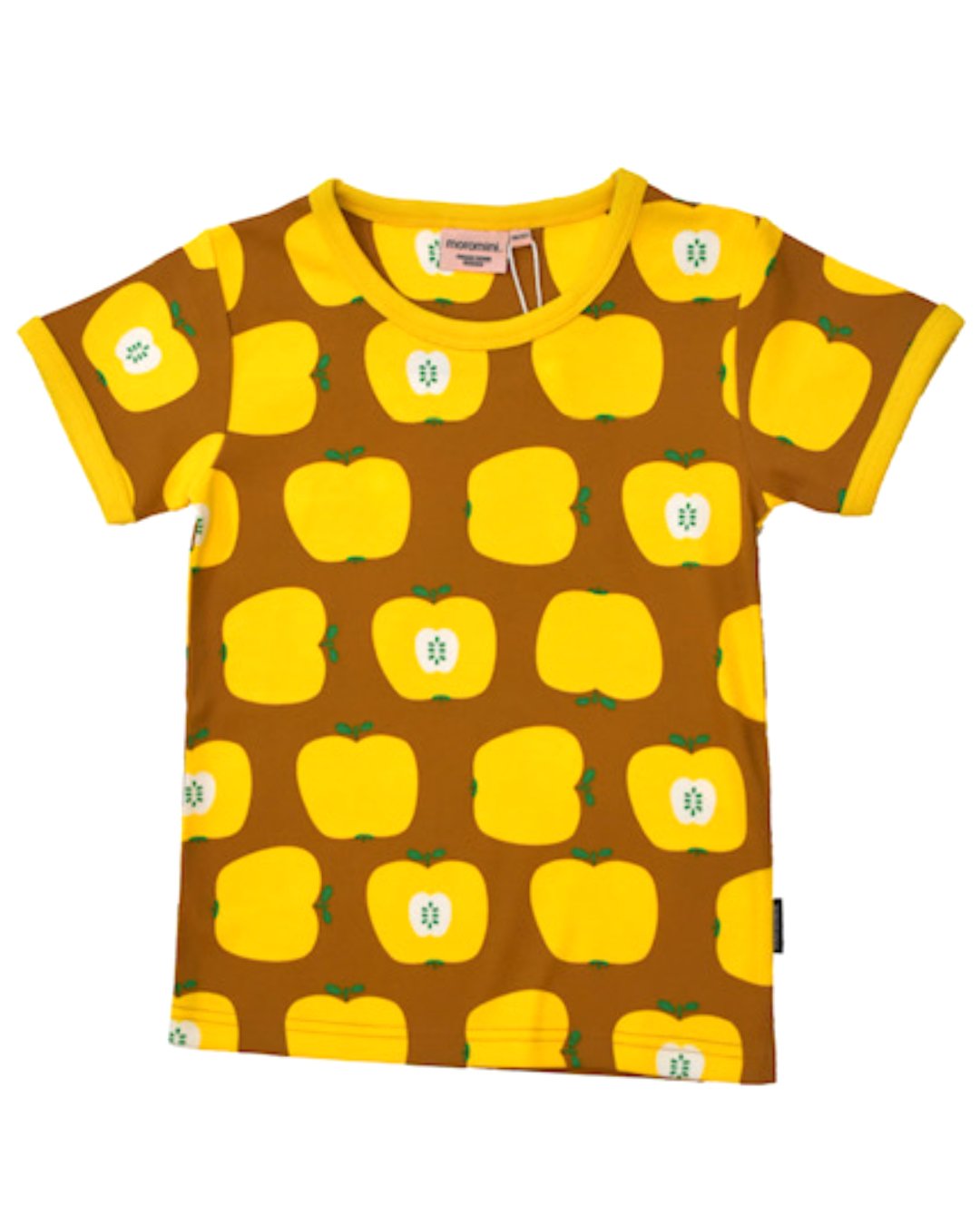 Kinderkleidung - gelbe Äpfel auf braunem T-Shirt aus Biobaumwolle von moromini 