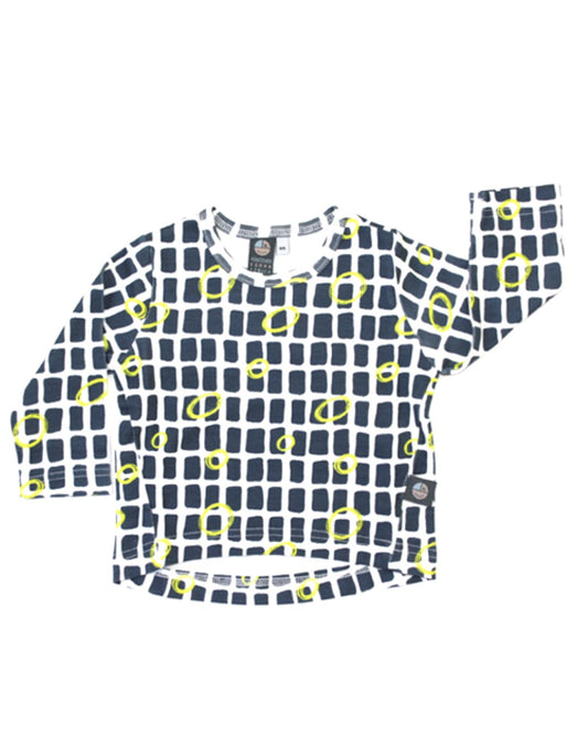 Shirt aus Biobaumwolle mit dunklen Vierecken und grünen Kritzelkreisen