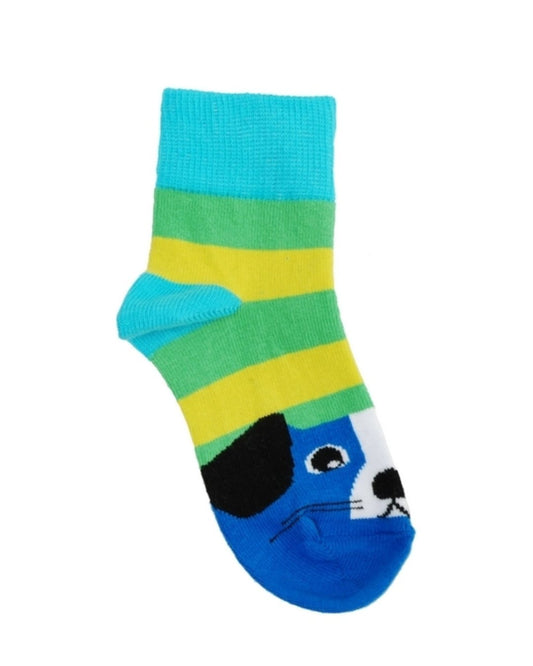 Kindersocken mit Blockstreifen grün und gelb mit Motiv Hund aus BioBaumwolle von DUNS Sweden