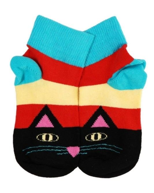 Söckchen mit Blockstreifen in gelb und rot mit Katzenmotiv aus Biobaumwolle von DUNS Sweden