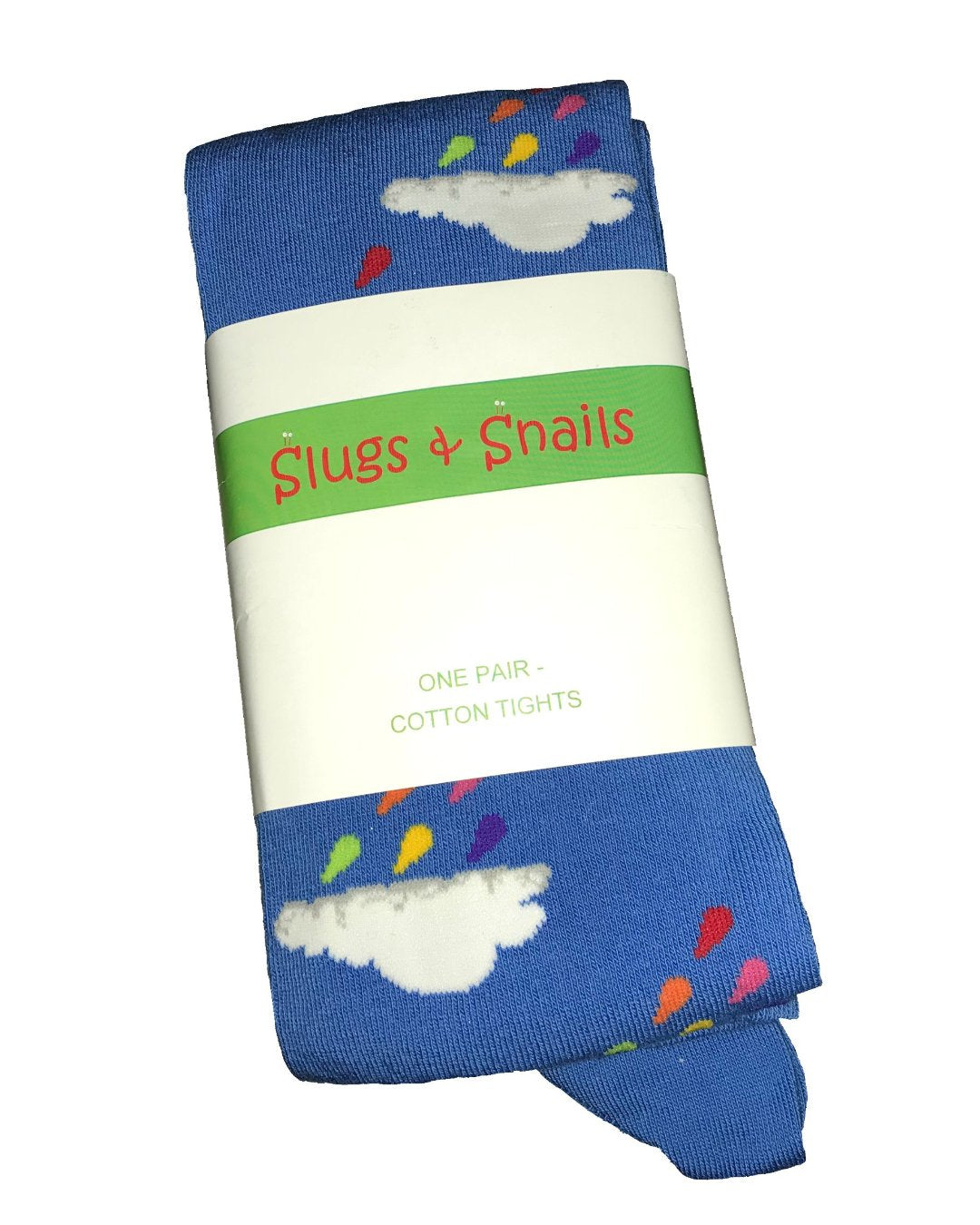 Blaue Strumpfhose mit Wolken und bunten Regentropfen