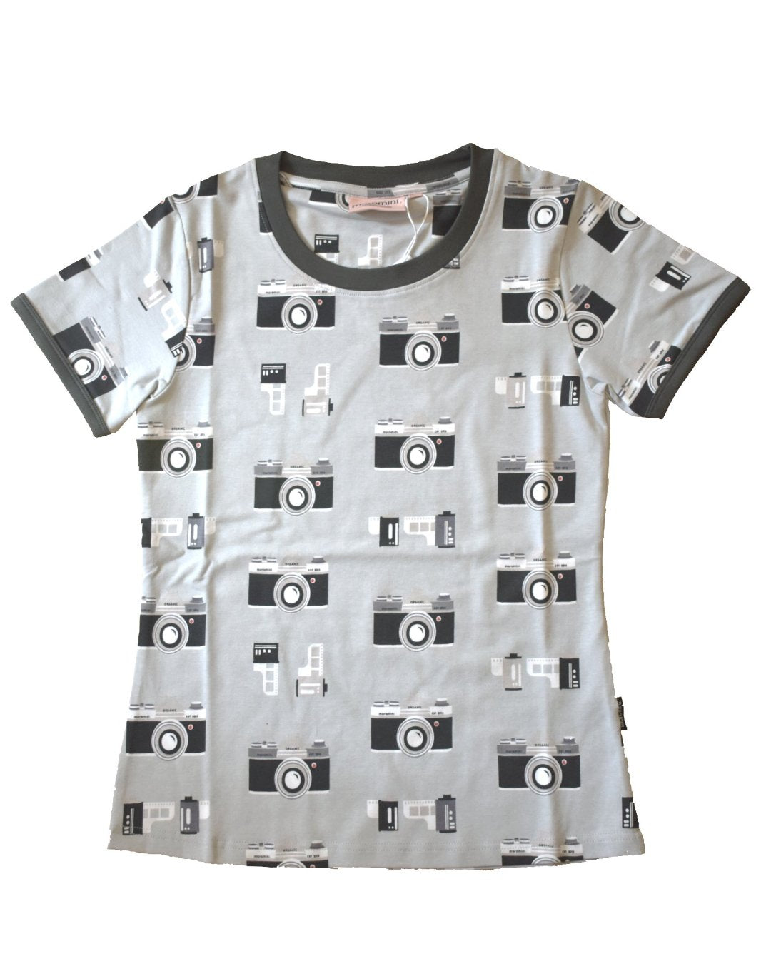 Hellgraues Damenshirt mit analog Fotoapparat Print aus Biobaumwolle von moromini 