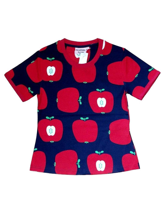 Dunkelblaues T-Shirt für Damen mit großen roten Äpfeln aus Biobaumwolle von moromini