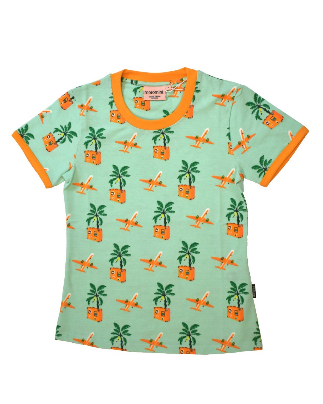 Grünes T-Shirt für Damen mit Koffer Flugzeugen und Palmen in orange von moromini