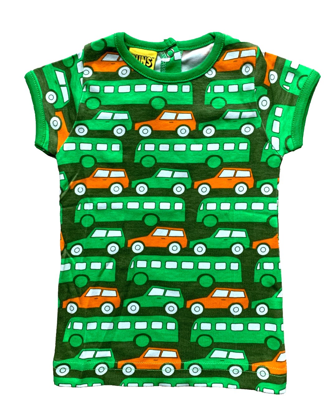 Grünes Kinder T-Shirt mit Autos und Bussen in grün und orange aus Biobaumwolle von DUNS Sweden