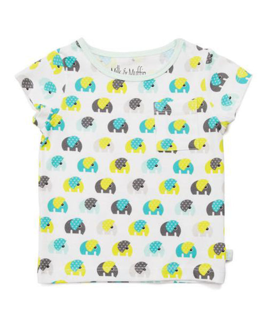 Weißes T-Shirt für Kinder aus Biobaumwolle mit Elefanten Print in türkis