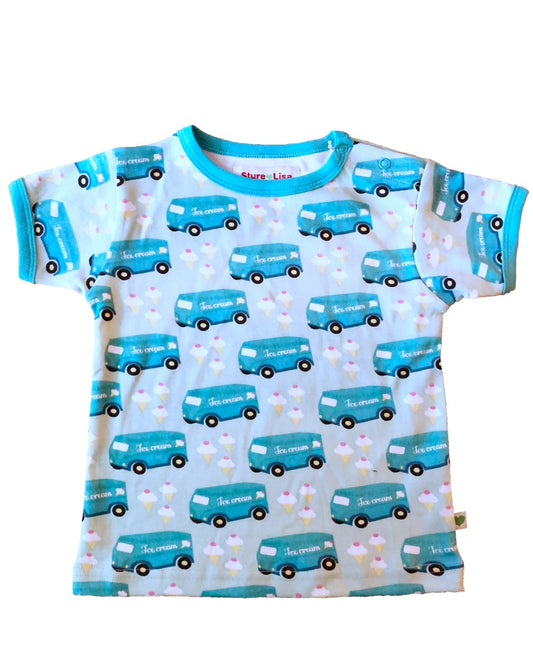 T-Shirt für Kinder aus Biobaumwolle mit Druckknöpfen an der Schulter mit blauen Bussen ICE CREME