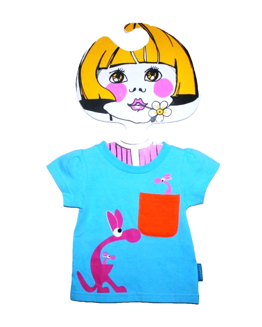 hellblaues T-Shirt für Kinder mit Brusttasche in Orange und Känguru Print
