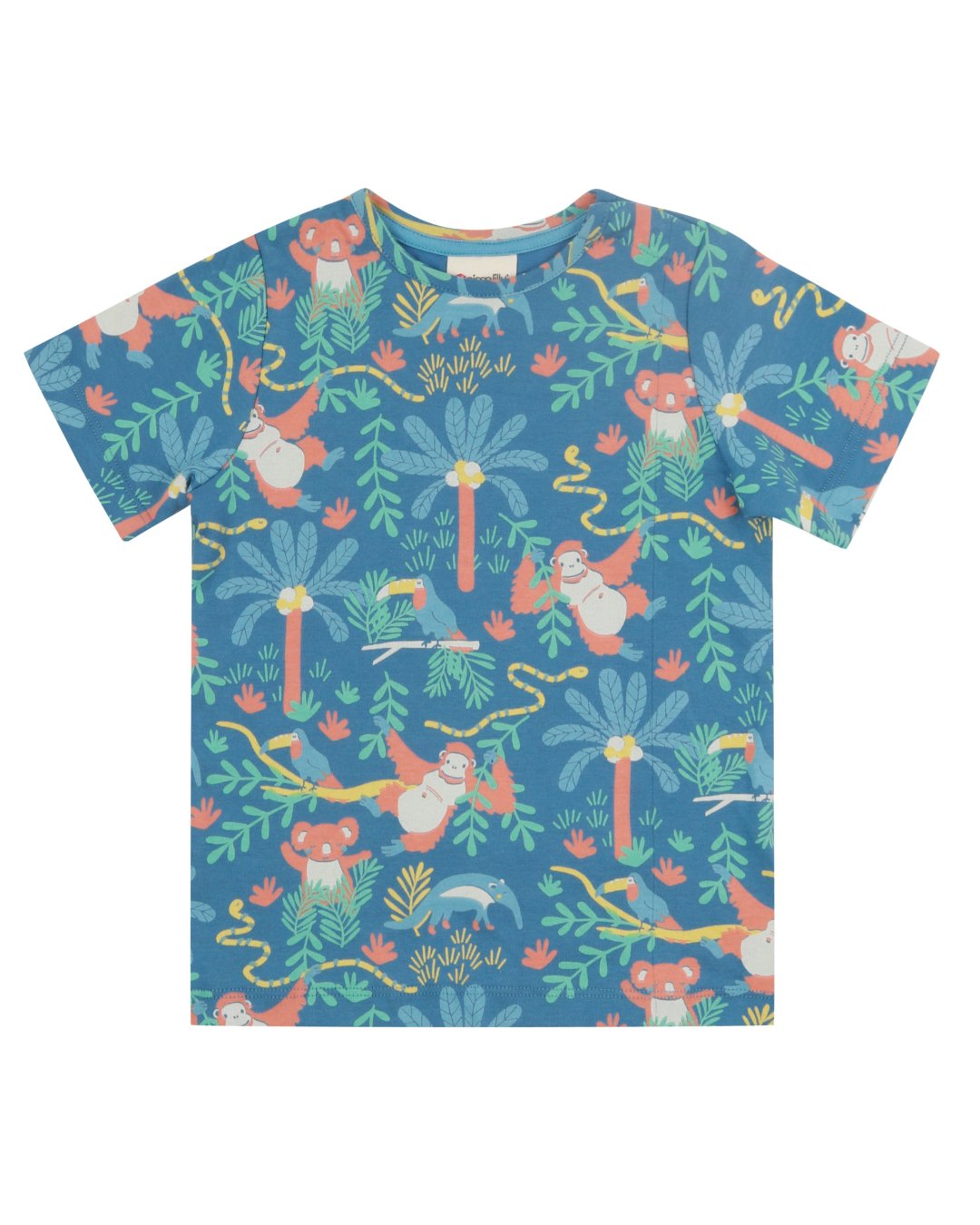 Blaues T-Shirt für Kinder mit Regenwald Motiv aus Biobaumwolle von piccalilly