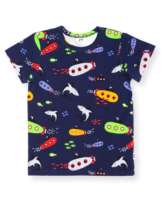Dunkelblaues T-Shirt für Kinder mit U-Boot und Hai