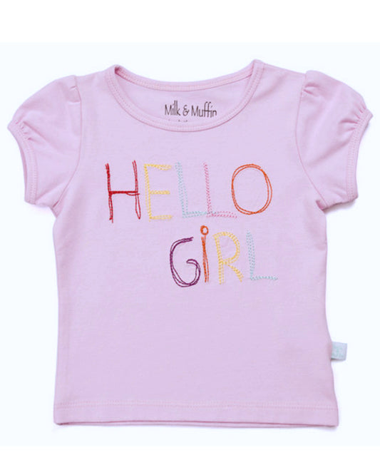 Rosa T-Shirt HELLO GIRL aus Biobaumwolle für Kinder